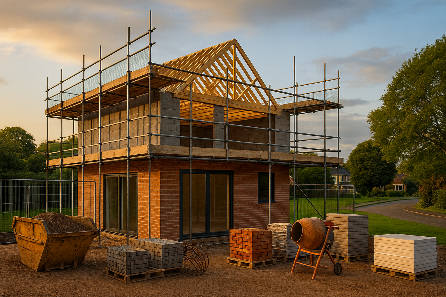 Quality property construction site with steelwork and formwork