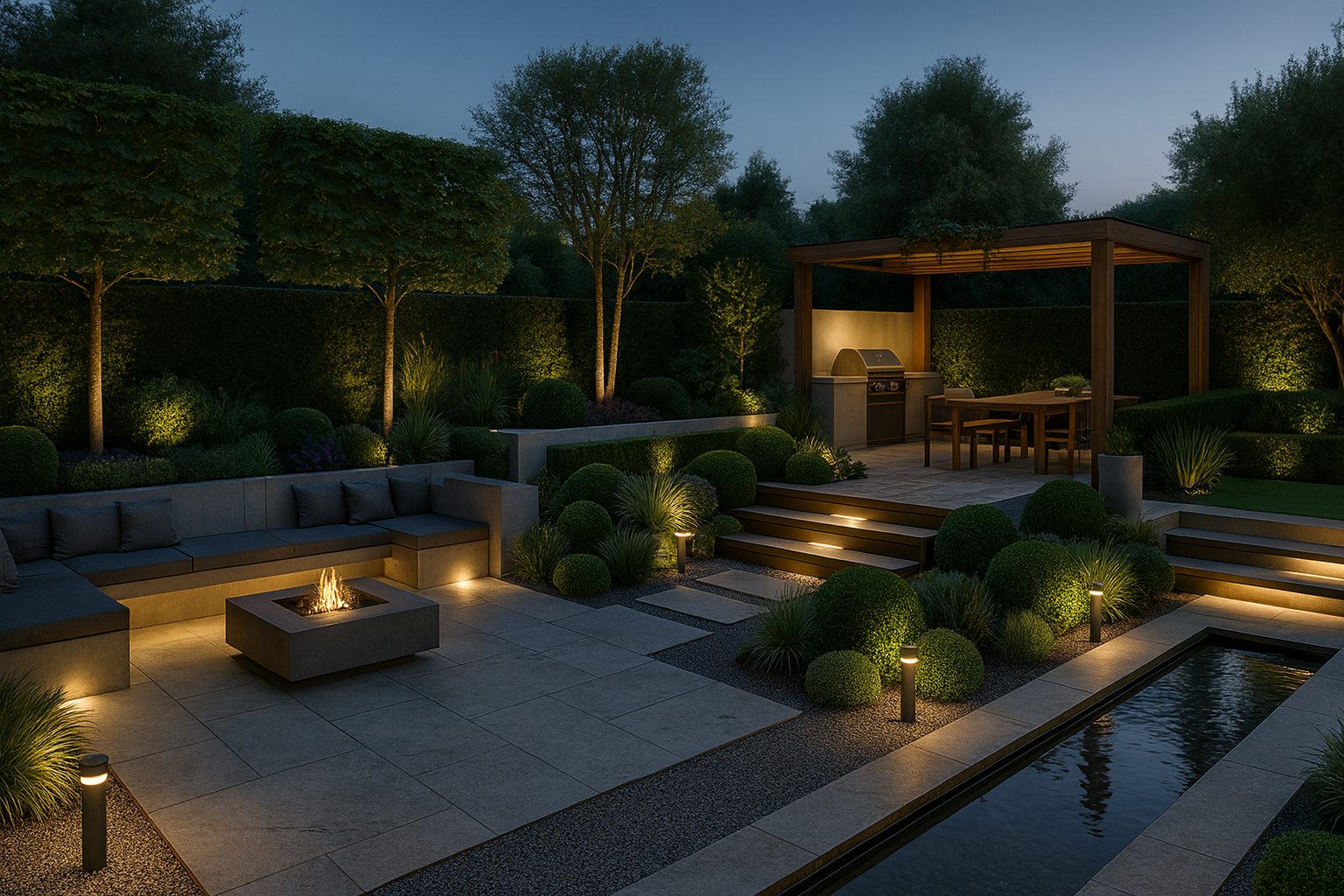 High-end landscaped garden with stone terrace and lighting