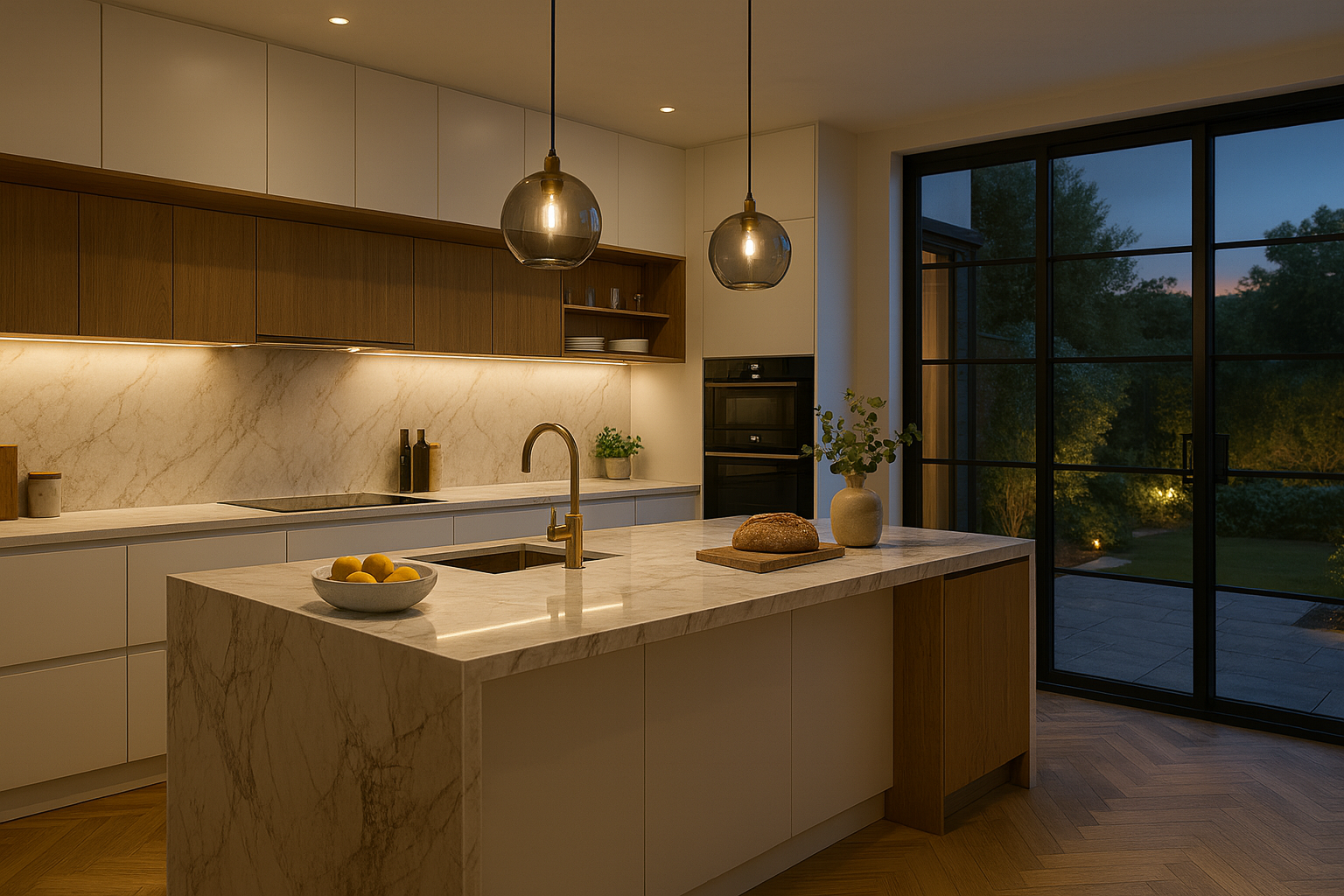 Luxury kitchen installer hero image with island and pendant lighting